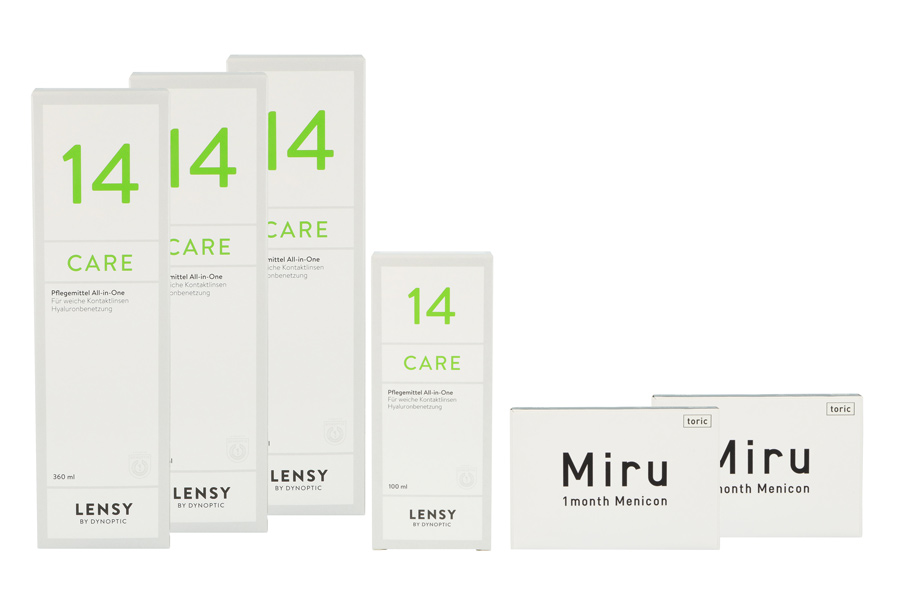 Sparpakete Kontaktlinsen mit Linsenmitteln Miru 1 Month Toric 2 x 6 Monatslinsen + Lensy Care 14 Halbjahres-Sparpaket