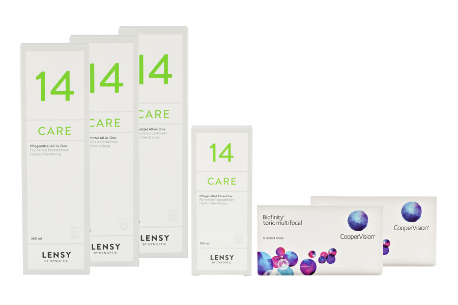 Sparpakete Kontaktlinsen mit Linsenmitteln Biofinity toric multifocal 2 x 6 Monatslinsen + Lensy Care 14 Halbjahres-Sparpaket
