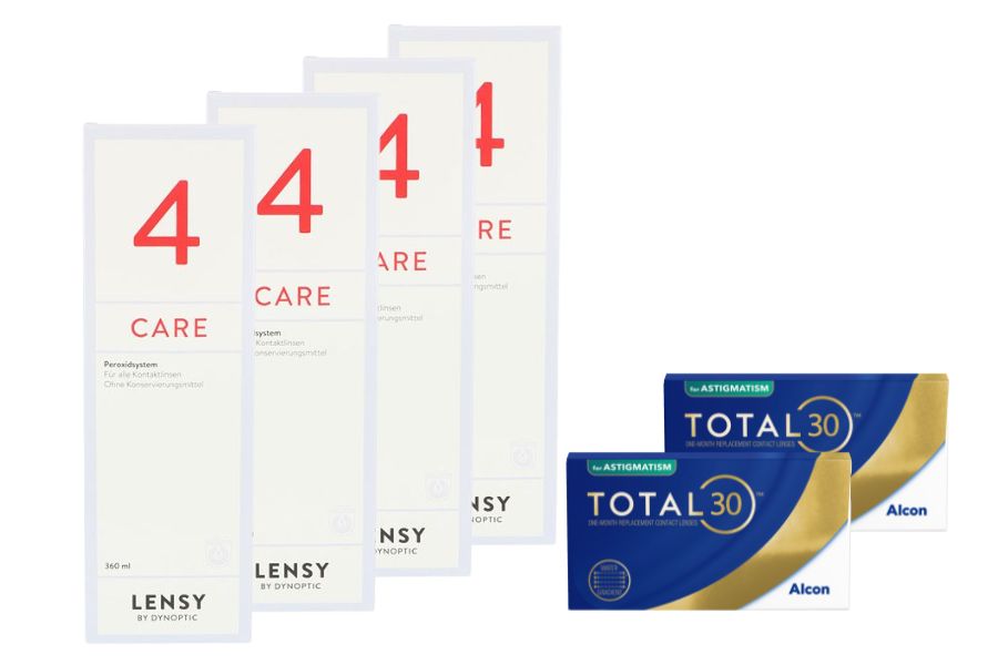 Sparpakete Kontaktlinsen mit Linsenmitteln Total 30 for Astigmatism 2 x 6 Stück Monatslinsen + Lensy Care 4 Halbjahres-Sparpaket
