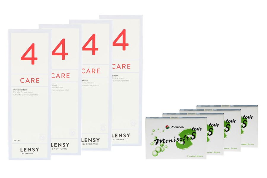 Sparpakete Kontaktlinsen mit Linsenmitteln Menisoft S toric 4 x 6 Zwei-Wochenlinsen + Lensy Care 4 Halbjahres-Sparpaket