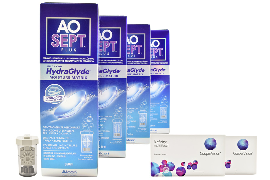 Sparpakete Kontaktlinsen mit Linsenmitteln Biofinity multifocal 2 x 6 Monatslinsen + AoSept Plus HydraGlyde Halbjahres-Sparpaket