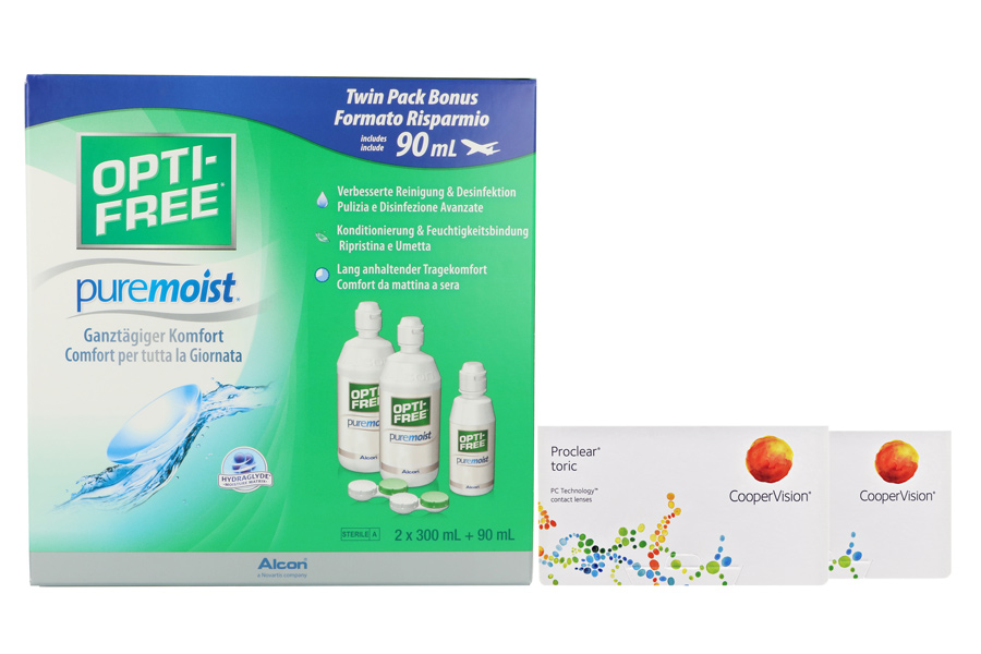 Sparpakete Kontaktlinsen mit Linsenmitteln Proclear Toric 2 x 6 Monatslinsen + Opti Free Pure Moist Halbjahres-Sparpaket